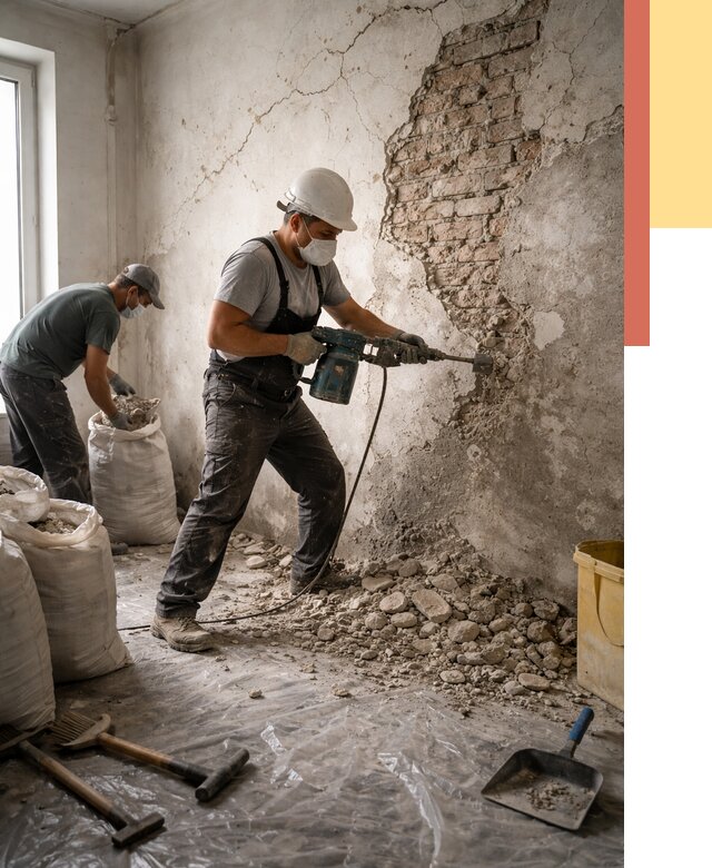 Демонтаж штукатурки со стен в Соликамске от 7420 руб/м² — быстро и недорого | ОТДЕЛОЧНИК-Слк