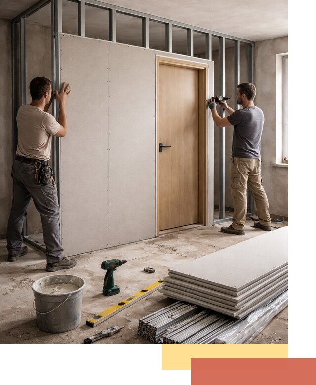 Перегородка из гипсокартона с дверью под ключ в Соликамске