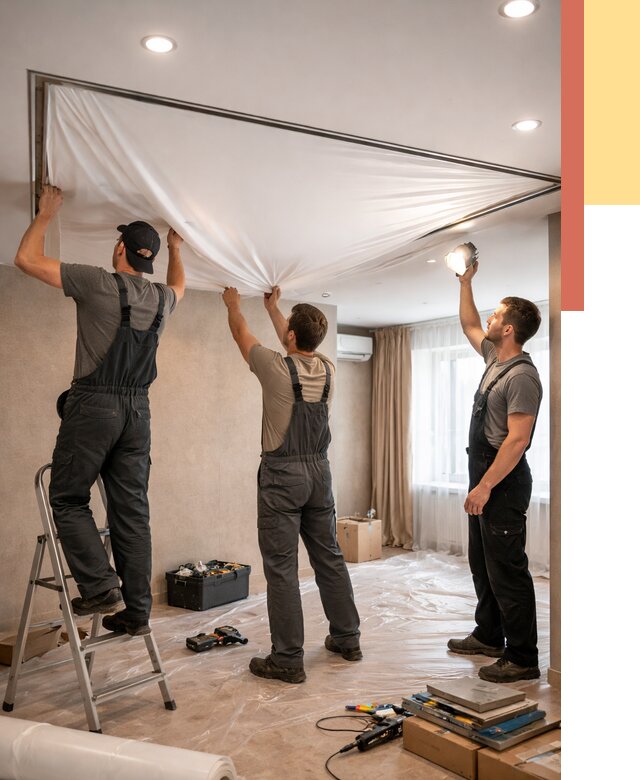 Монтаж ПВХ натяжного потолка в Соликамске от 3607 руб. под ключ | ОТДЕЛОЧНИК-Слк