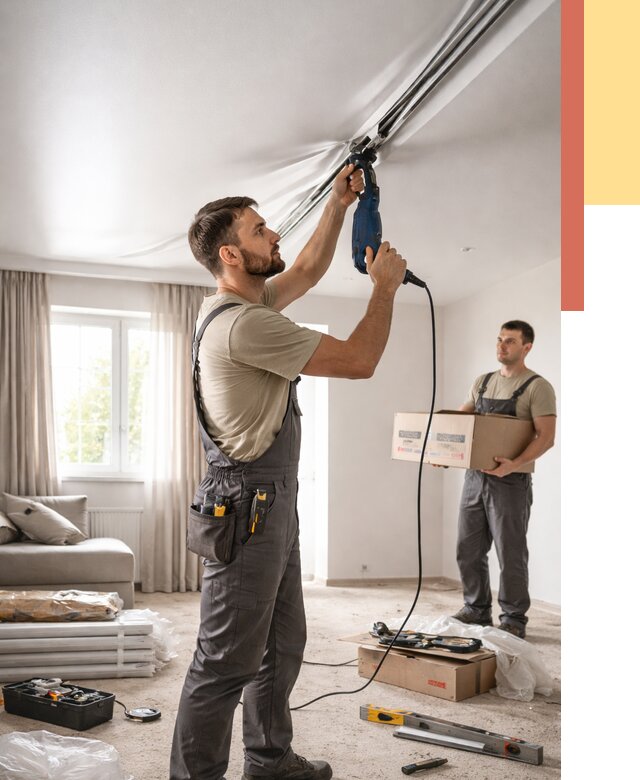 Монтаж сатинового натяжного потолка в Соликамске от 3607 руб. | Быстро, недорого — ОТДЕЛОЧНИК-Слк