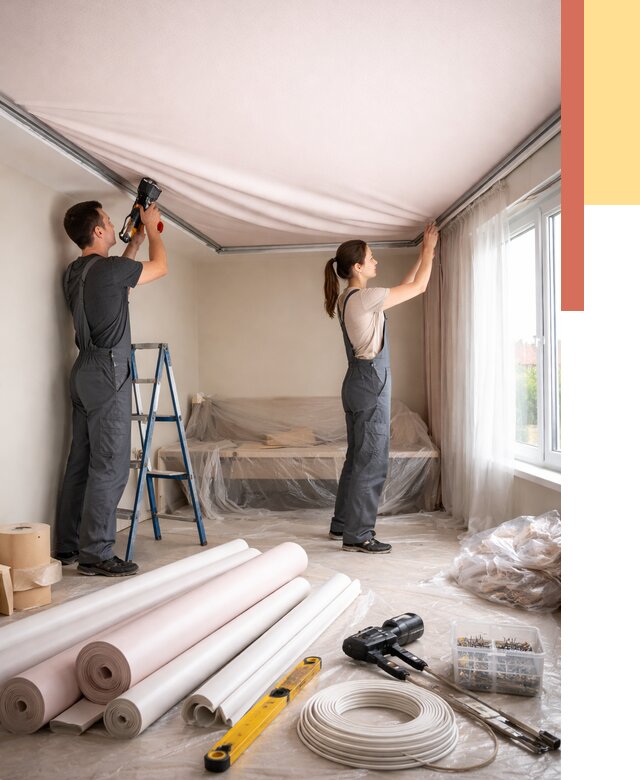 Монтаж цветного натяжного потолка в Соликамске от 4328 руб/м² — быстро и недорого | ОТДЕЛОЧНИК-Слк