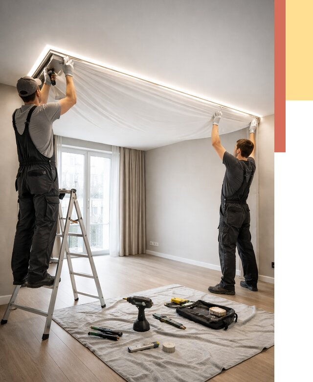 Монтаж парящего натяжного потолка в Соликамске от 4637 руб. быстро и недорого | ОТДЕЛОЧНИК-Слк