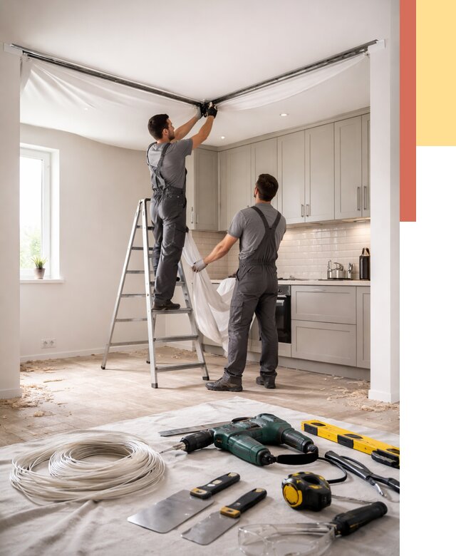 Установка натяжного потолка на кухне в Соликамске от 2473 руб. | ОТДЕЛОЧНИК-Слк