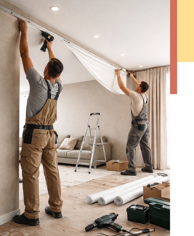 Монтаж натяжного потолка в гостиной в Соликамске от 567 руб. | ОТДЕЛОЧНИК-Слк