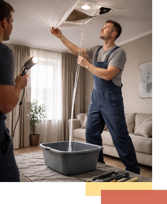 Слив воды с натяжного потолка в Соликамске быстро и аккуратно