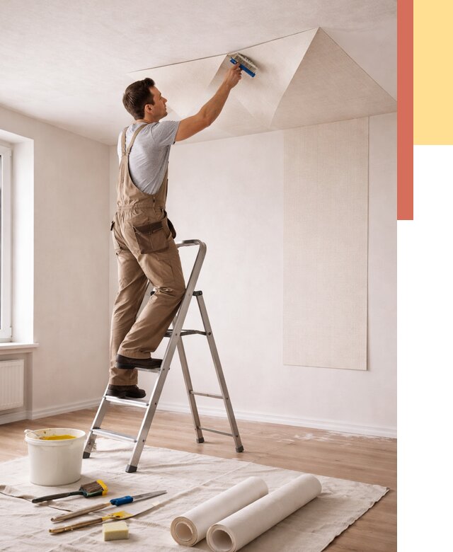 Поклейка обоев на потолок в Соликамске от 4637 руб. быстро и недорого | ОТДЕЛОЧНИК-Слк